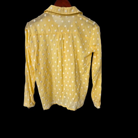 Women's Copper Key Blouse Yellow Sheer Polka Dot Button Down Shirt - Picture 2 of 4
